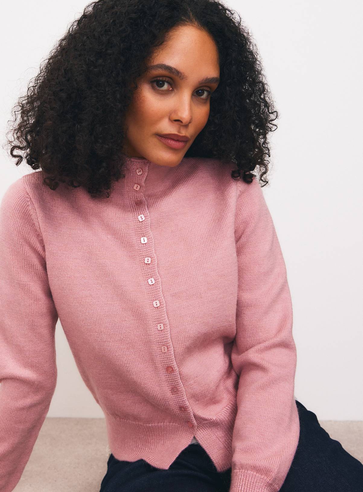 Pale Pink Funnel Neck Knitted Cardigan L - Image 2